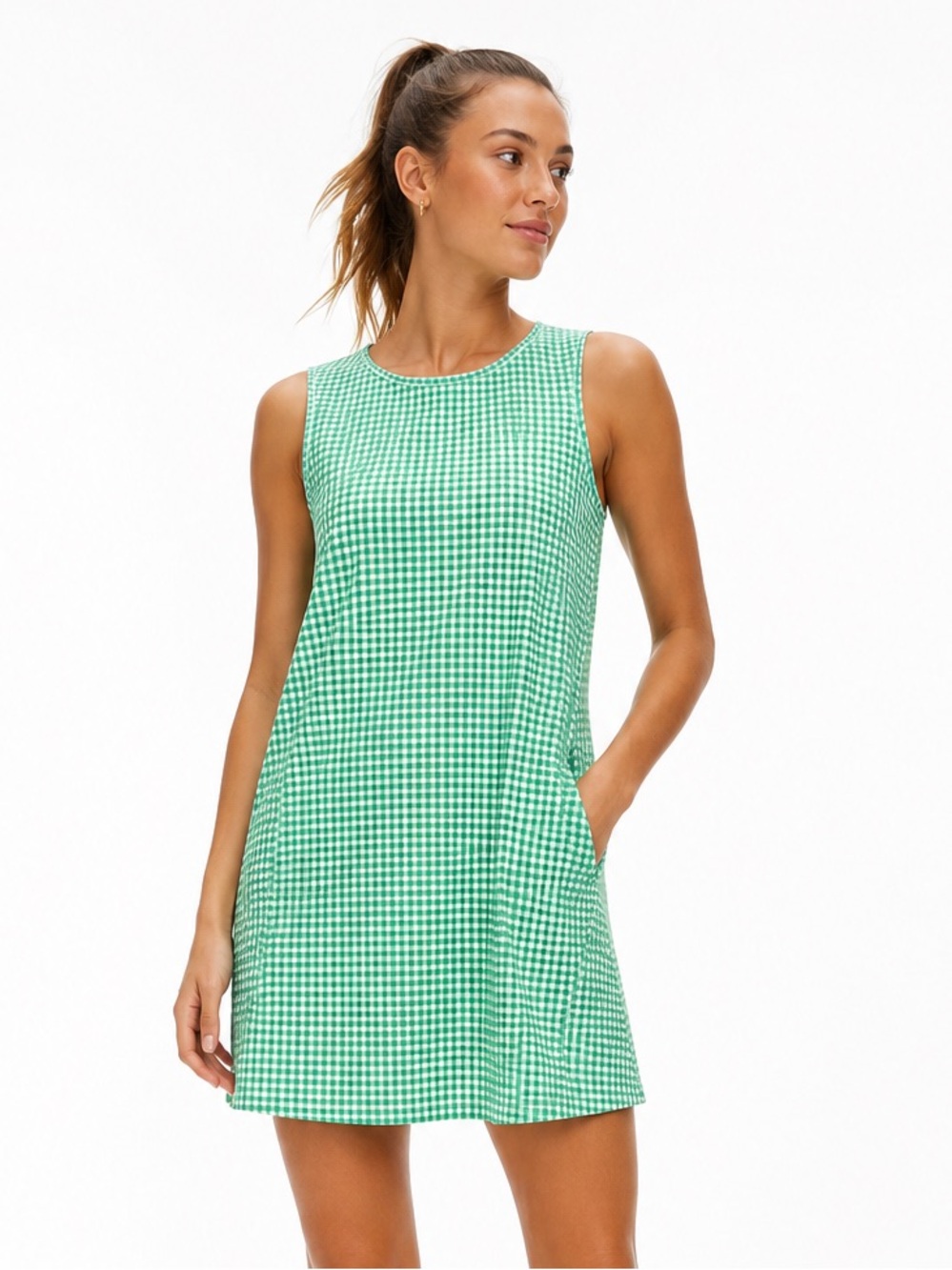 Addison Bay L Green Gingham Sleeveless Dress Fit Athletic Sporty Stretch Comfy